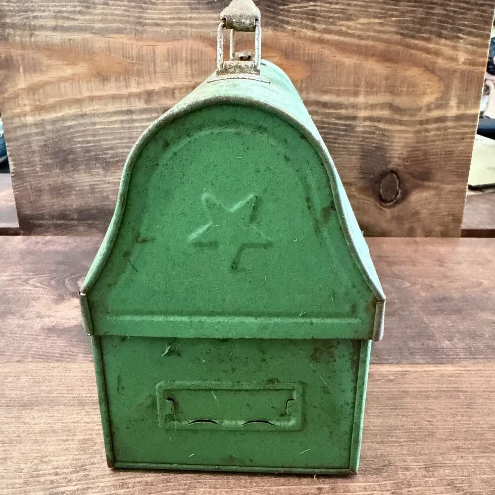 Vintage Antique Green Metal Dome Top Lunch Box Pail Star Embossed Patented 1920s